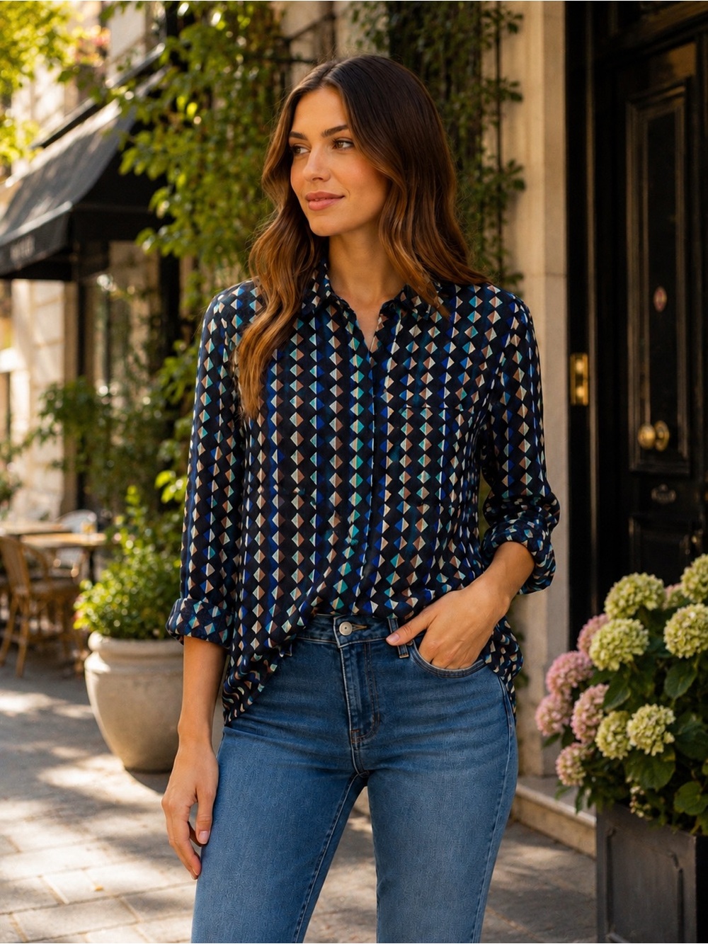 New Tulip B Geometric Navy Button-Up Gauze Shirt Long Sleeves Lightweight